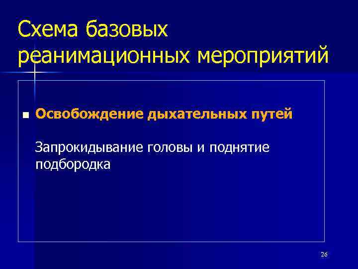 Схема базовых реанимационных мероприятий n Освобождение дыхательных путей Запрокидывание головы и поднятие подбородка 26