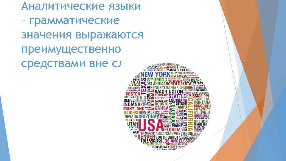 Аналитические языки – грамматические значения выражаются преимущественно средствами вне слова. 