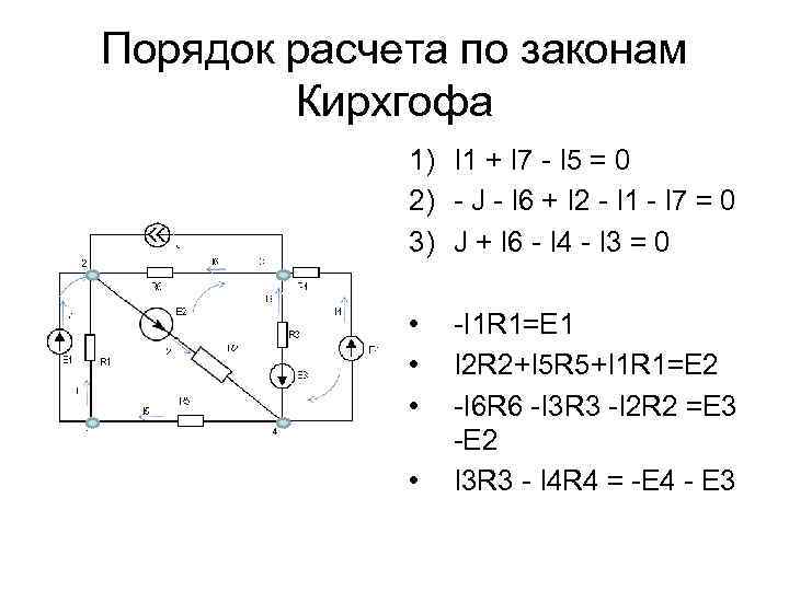 Порядок расчета по законам Кирхгофа 1) I 1 + I 7 - I 5