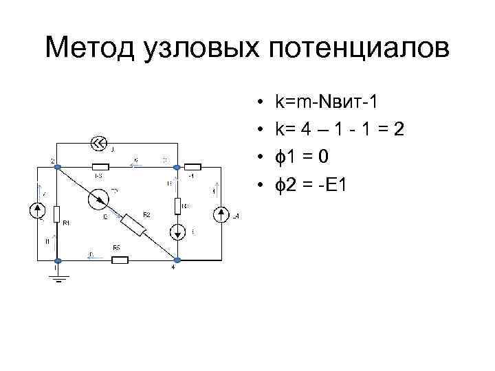 Метод узловых потенциалов • • k=m-Nвит-1 k= 4 – 1 - 1 = 2