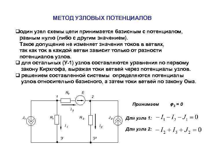 МЕТОД УЗЛОВЫХ ПОТЕНЦИАЛОВ qодин узел схемы цепи принимается базисным с потенциалом, равным нулю (либо