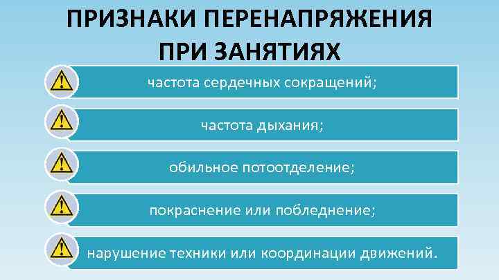 ПРИЗНАКИ ПЕРЕНАПРЯЖЕНИЯ ПРИ ЗАНЯТИЯХ частота сердечных сокращений; частота дыхания; обильное потоотделение; покраснение или побледнение;