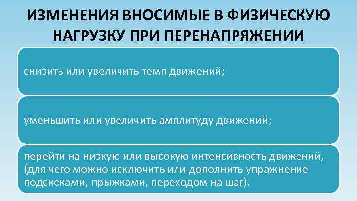 ИЗМЕНЕНИЯ ВНОСИМЫЕ В ФИЗИЧЕСКУЮ НАГРУЗКУ ПРИ ПЕРЕНАПРЯЖЕНИИ снизить или увеличить темп движений; уменьшить или