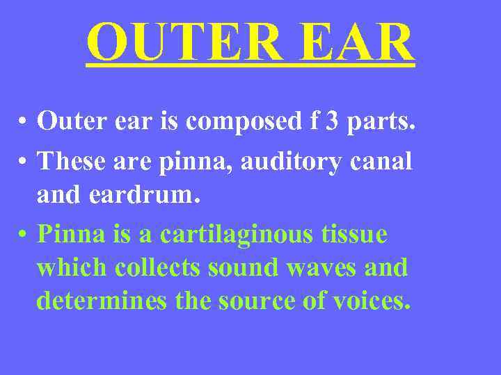 OUTER EAR • Outer ear is composed f 3 parts. • These are pinna,