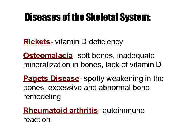 Diseases of the Skeletal System: Rickets- vitamin D deficiency Osteomalacia- soft bones, inadequate mineralization
