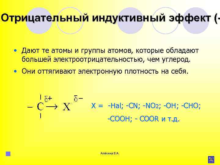 Отрицательный индуктивный эффект ( • Дают те атомы и группы атомов, которые обладают большей