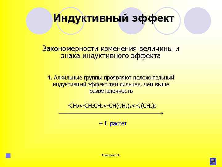 Индуктивный эффект Закономерности изменения величины и знака индуктивного эффекта 4. Алкильные группы проявляют положительный