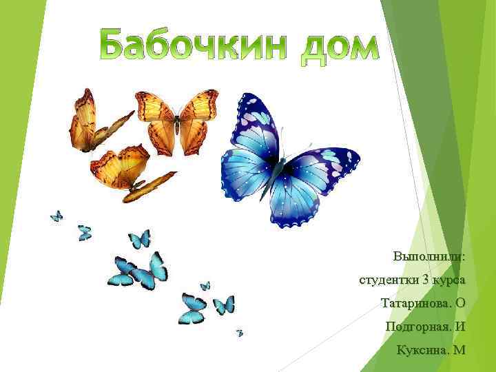 Бабочкин дом Выполнили: студентки 3 курса Татаринова. О Подгорная. И Куксина. М 