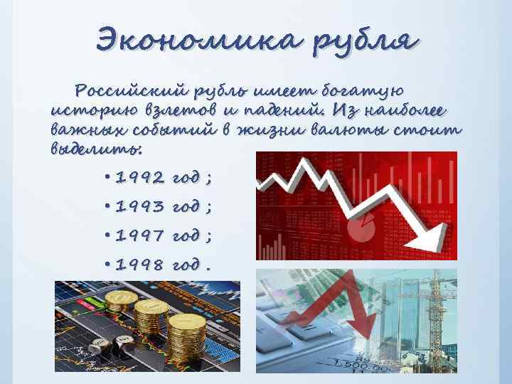 Экономика рубля Российский рубль имеет богатую историю взлетов и падений. Из наиболее важных событий