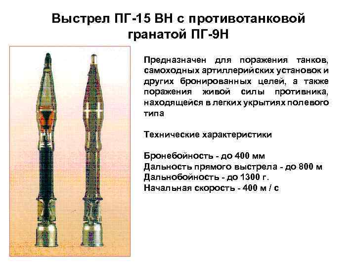 Выстрел ПГ-15 ВН с противотанковой гранатой ПГ-9 Н Предназначен для поражения танков, самоходных артиллерийских