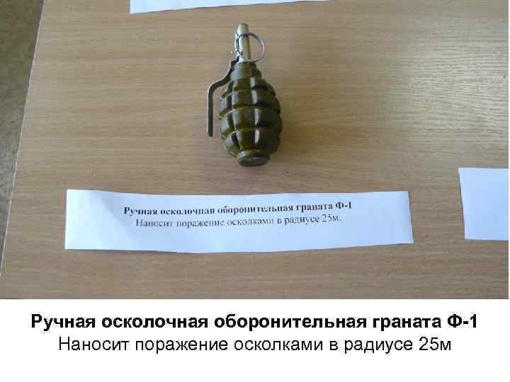 Ручная осколочная оборонительная граната Ф-1 Наносит поражение осколками в радиусе 25 м 
