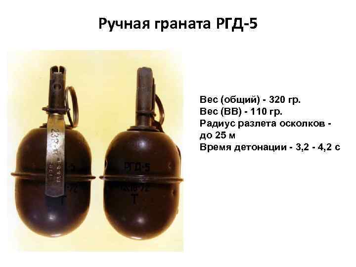 Ручная граната РГД-5 Вес (общий) - 320 гр. Вес (ВВ) - 110 гр. Радиус