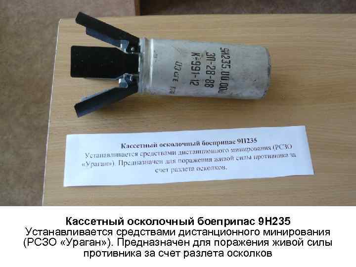Кассетный осколочный боеприпас 9 Н 235 Устанавливается средствами дистанционного минирования (РСЗО «Ураган» ). Предназначен