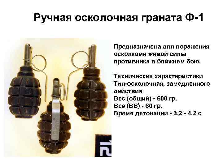 Ручная осколочная граната Ф-1 Предназначена для поражения осколками живой силы противника в ближнем бою.