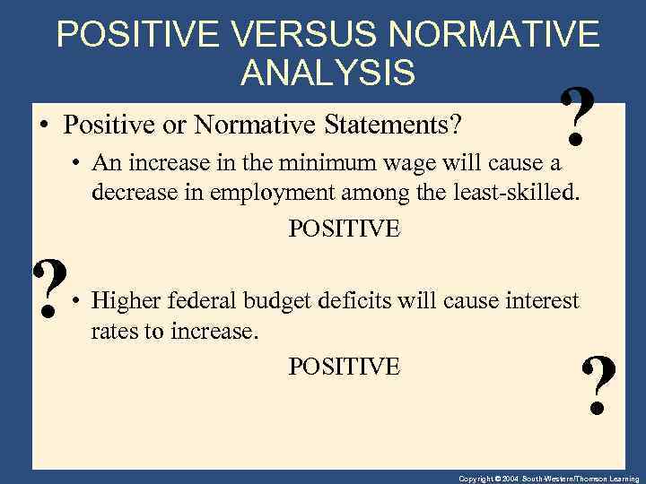POSITIVE VERSUS NORMATIVE ANALYSIS • Positive or Normative Statements? ? ? • An increase