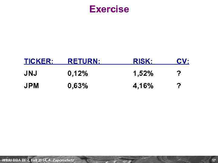 Exercise TICKER: RETURN: RISK: CV: JNJ 0, 12% 1, 52% ? JPM 0, 63%