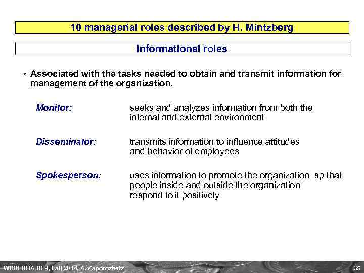 10 managerial roles described by H. Mintzberg Informational roles • Associated with the tasks