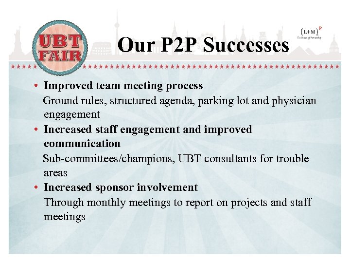 Our P 2 P Successes • Improved team meeting process Ground rules, structured agenda,