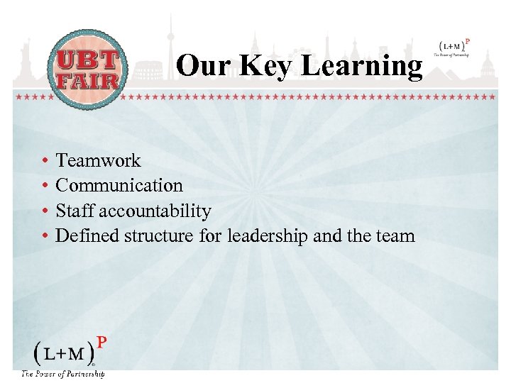 Our Key Learning • • Teamwork Communication Staff accountability Defined structure for leadership and
