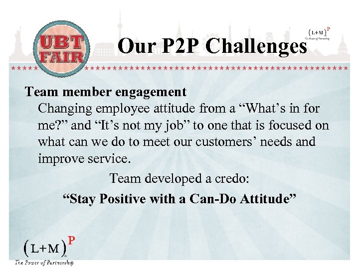 Our P 2 P Challenges Team member engagement Changing employee attitude from a “What’s