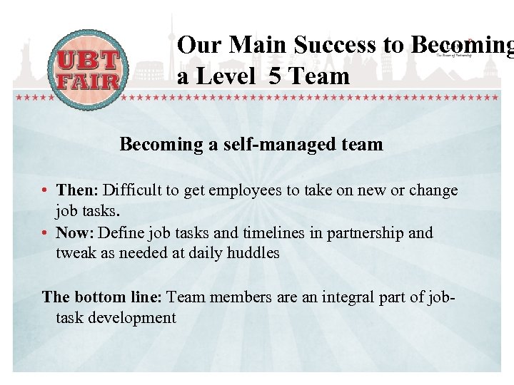 Our Main Success to Becoming a Level 5 Team Becoming a self-managed team •