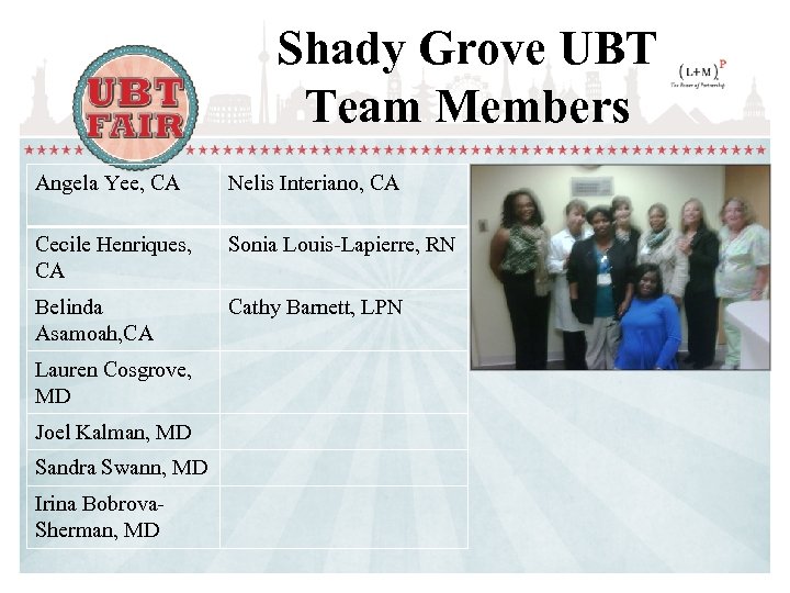 Shady Grove UBT Team Members Angela Yee, CA Nelis Interiano, CA Cecile Henriques, CA