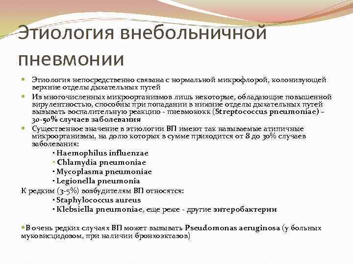 Этиология внебольничной пневмонии Этиология непосредственно связана с нормальной микрофлорой, колонизующей верхние отделы дыхательных путей