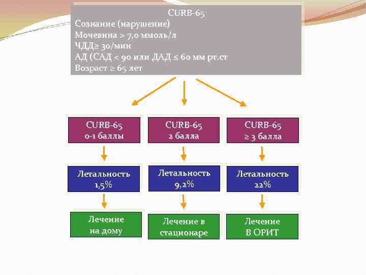 CURB-65 Сознание (нарушение) Мочевина > 7, 0 ммоль/л ЧДД≥ 30/мин АД (САД < 90