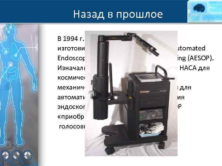 Назад в прошлое В 1994 г. компания Computer Motion изготовила первого робота-хирурга Automated Endoscopic