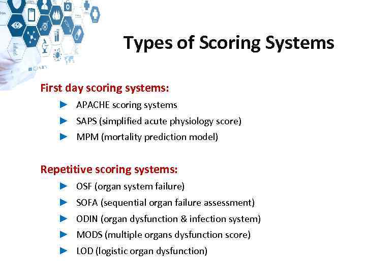 Types of Scoring Systems First day scoring systems: ► APACHE scoring systems ► SAPS