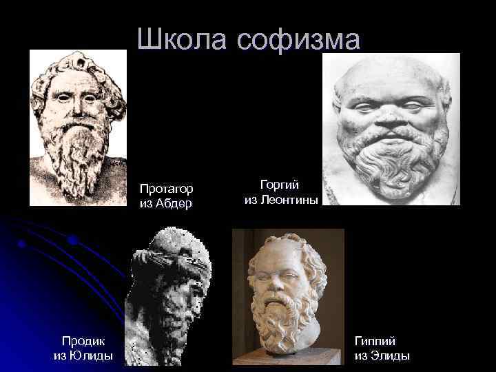 Школа софизма Протагор из Абдер Продик из Юлиды Горгий из Леонтины Гиппий из Элиды