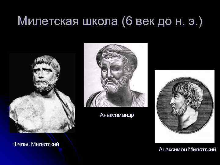 Милетская школа (6 век до н. э. ) Анаксимандр Фалес Милетский Анаксимен Милетский 