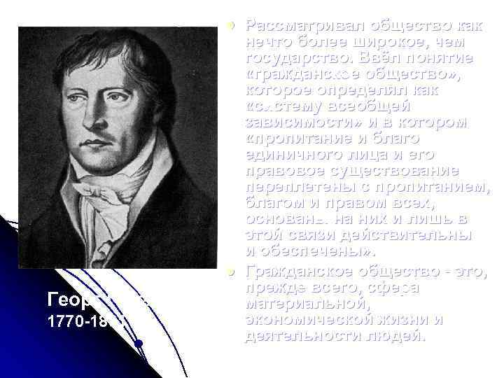 l l Георг Гегель 1770 -1831 гг. Рассматривал общество как нечто более широкое, чем