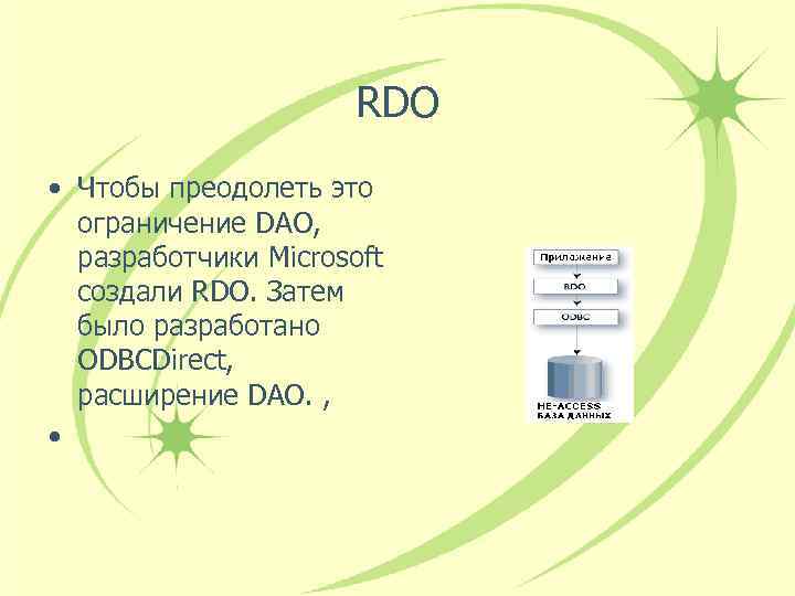 RDO • Чтобы преодолеть это ограничение DAO, разработчики Microsoft создали RDO. Затем было разработано