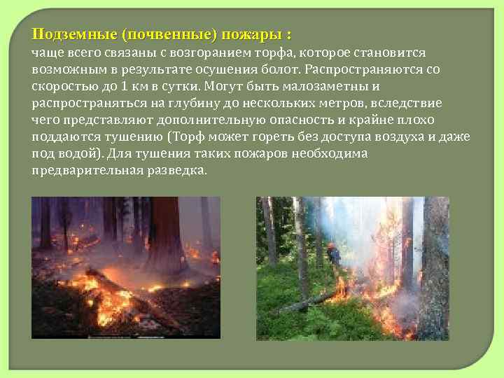 Подземные (почвенные) пожары : чаще всего связаны с возгоранием торфа, которое становится возможным в