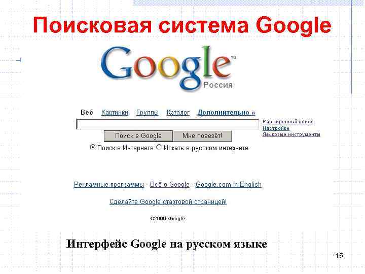 Поисковая система Google Интерфейс Google на русском языке 15 