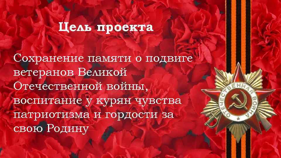 Цель проекта Сохранение памяти о подвиге ветеранов Великой Отечественной войны, воспитание у курян чувства