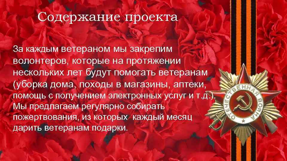 Содержание проекта За каждым ветераном мы закрепим волонтеров, которые на протяжении нескольких лет будут
