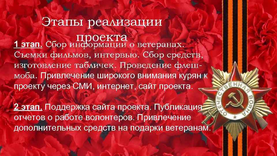 Этапы реализации проекта о ветеранах. 1 этап. Сбор информации Съемки фильмов, интервью. Сбор средств,