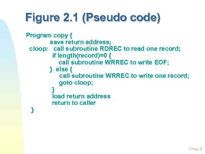 Figure 2. 1 (Pseudo code) Program copy { save return address; cloop: call subroutine