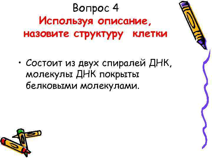 Вопрос 4 Используя описание, назовите структуру клетки • Состоит из двух спиралей ДНК, молекулы