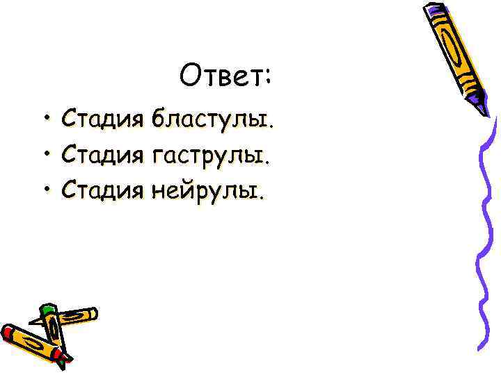 Ответ: • Стадия бластулы. • Стадия гаструлы. • Стадия нейрулы. 