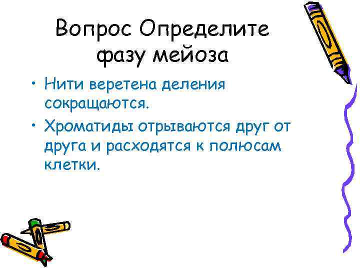 Вопрос Определите фазу мейоза • Нити веретена деления сокращаются. • Хроматиды отрываются друг от