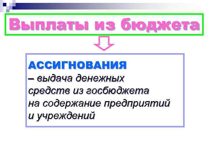 Выплаты из бюджета АССИГНОВАНИЯ – выдача денежных средств из госбюджета на содержание предприятий и