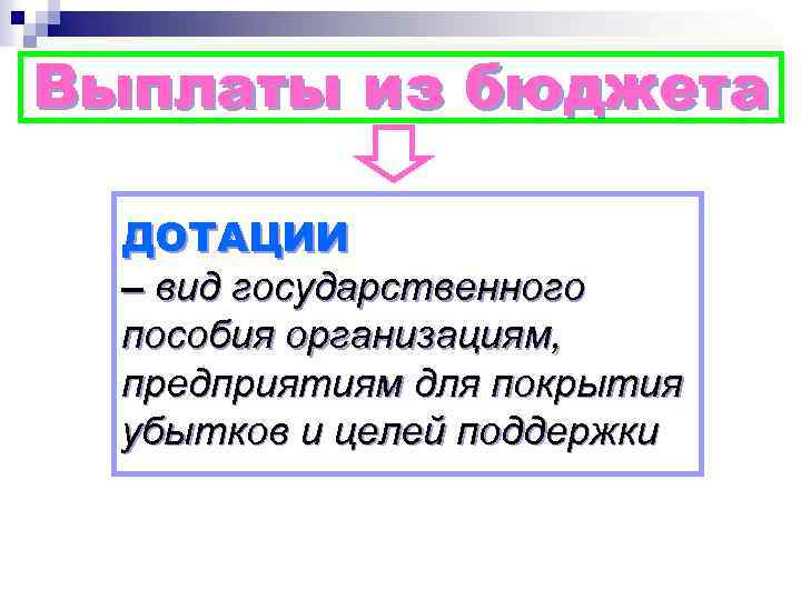 Выплаты из бюджета ДОТАЦИИ – вид государственного пособия организациям, предприятиям для покрытия убытков и