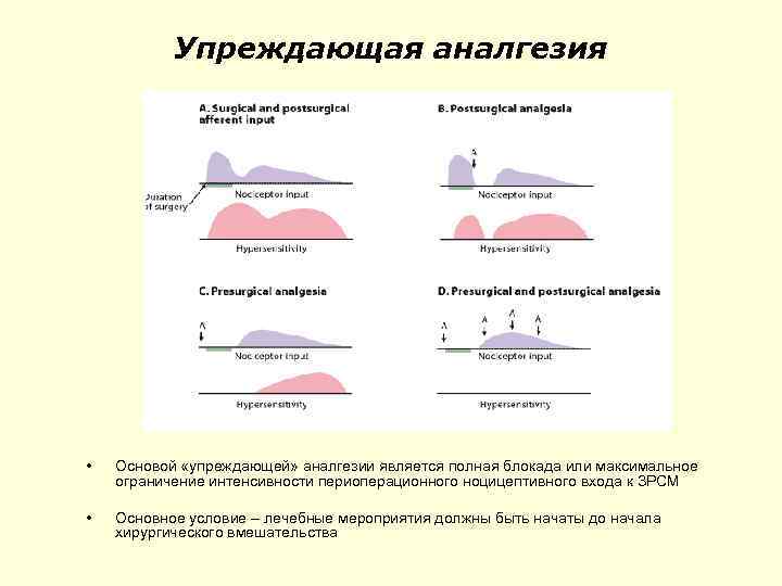 Упреждающая аналгезия • Основой «упреждающей» аналгезии является полная блокада или максимальное ограничение интенсивности периоперационного