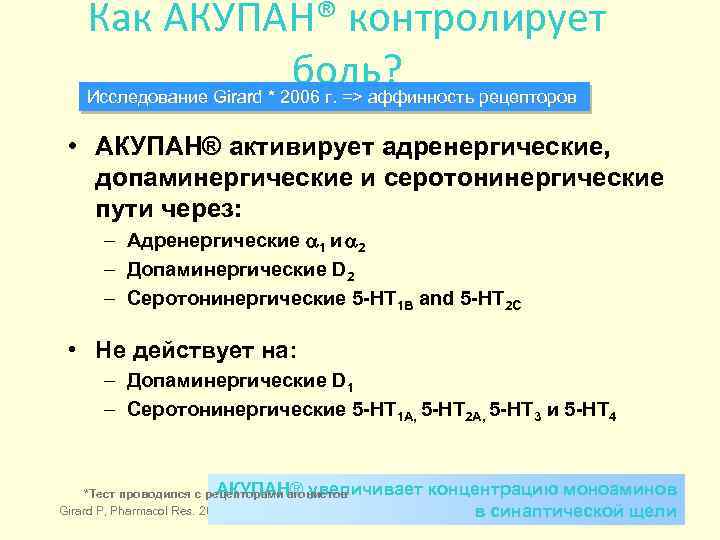 Как АКУПАН® контролирует боль? Исследование Girard * 2006 г. => аффинность рецепторов • АКУПАН®