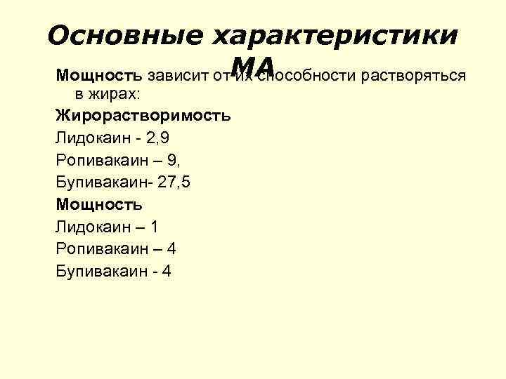 Основные характеристики МА Мощность зависит от их способности растворяться в жирах: Жирорастворимость Лидокаин -