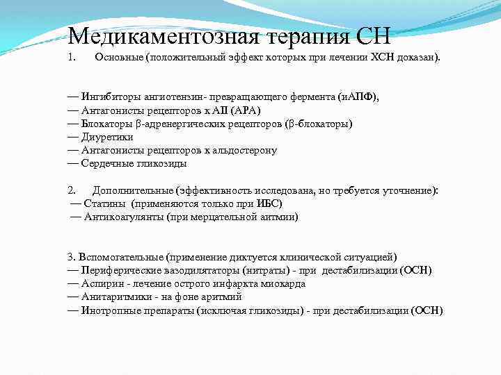 Медикаментозная терапия СН 1. Основные (положительный эффект которых при лечении ХСН доказан). — Ингибиторы