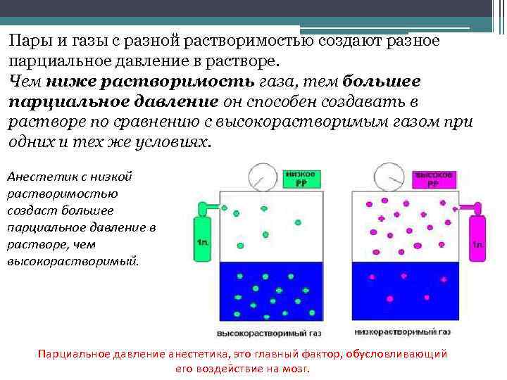 Пары и газы с разной растворимостью создают разное парциальное давление в растворе. Чем ниже